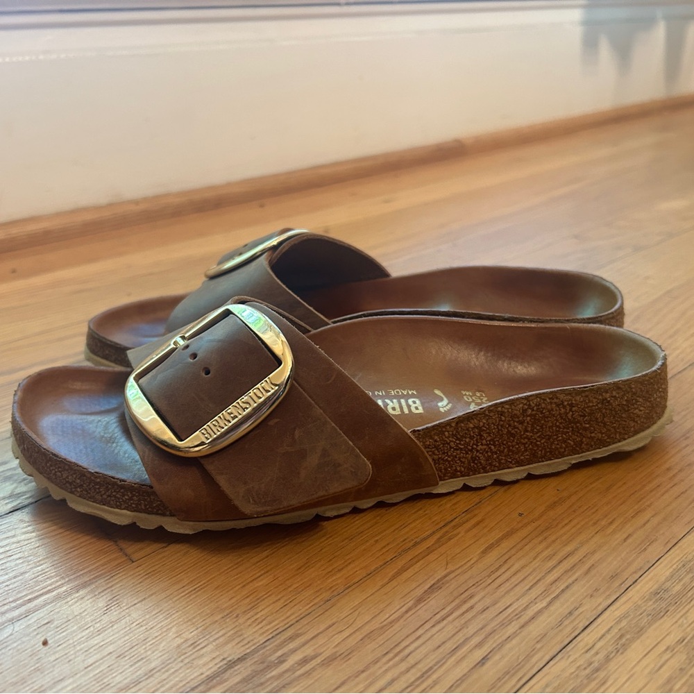 Birkenstock Brown Leather Single-Buckle Slide Sandals